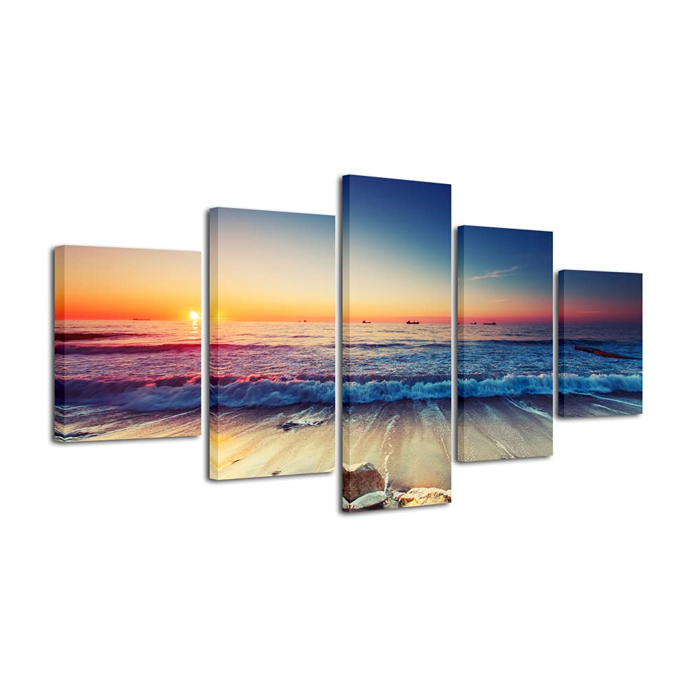 Pyradecor 5 Piece Large Modern Seascape Artwork Gallery Wrapped Ocean Sea Beach Pictures Canvas Prints Waves Paintings on Canvas Wall Art for Living Room Bedroom Home Decorations L