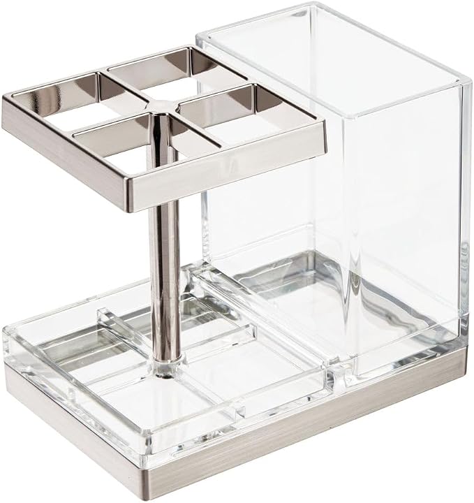 mDesign Plastic Toothbrush and Toothpaste Storage Organizer Holder - Home Decor for Bathroom Countertop - Holds Toiletries and Beauty Accessories - Lumiere Collection - White/Chrome