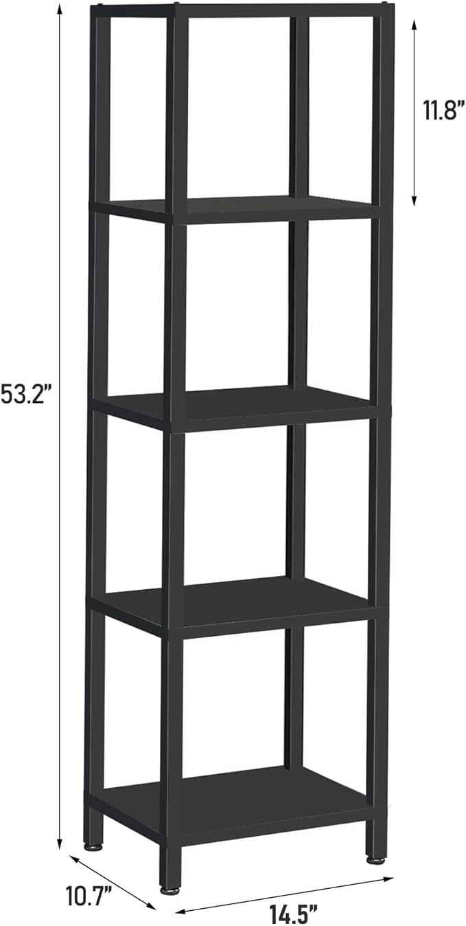 TUTOTAK Bookshelf, 5-Tier Tall Book Shelf, Narrow Bookcase for Small Space, DIY Stackable Bookshelf, for Living Room, Office, Study, Entryway, Industrial, Black BS01BK005