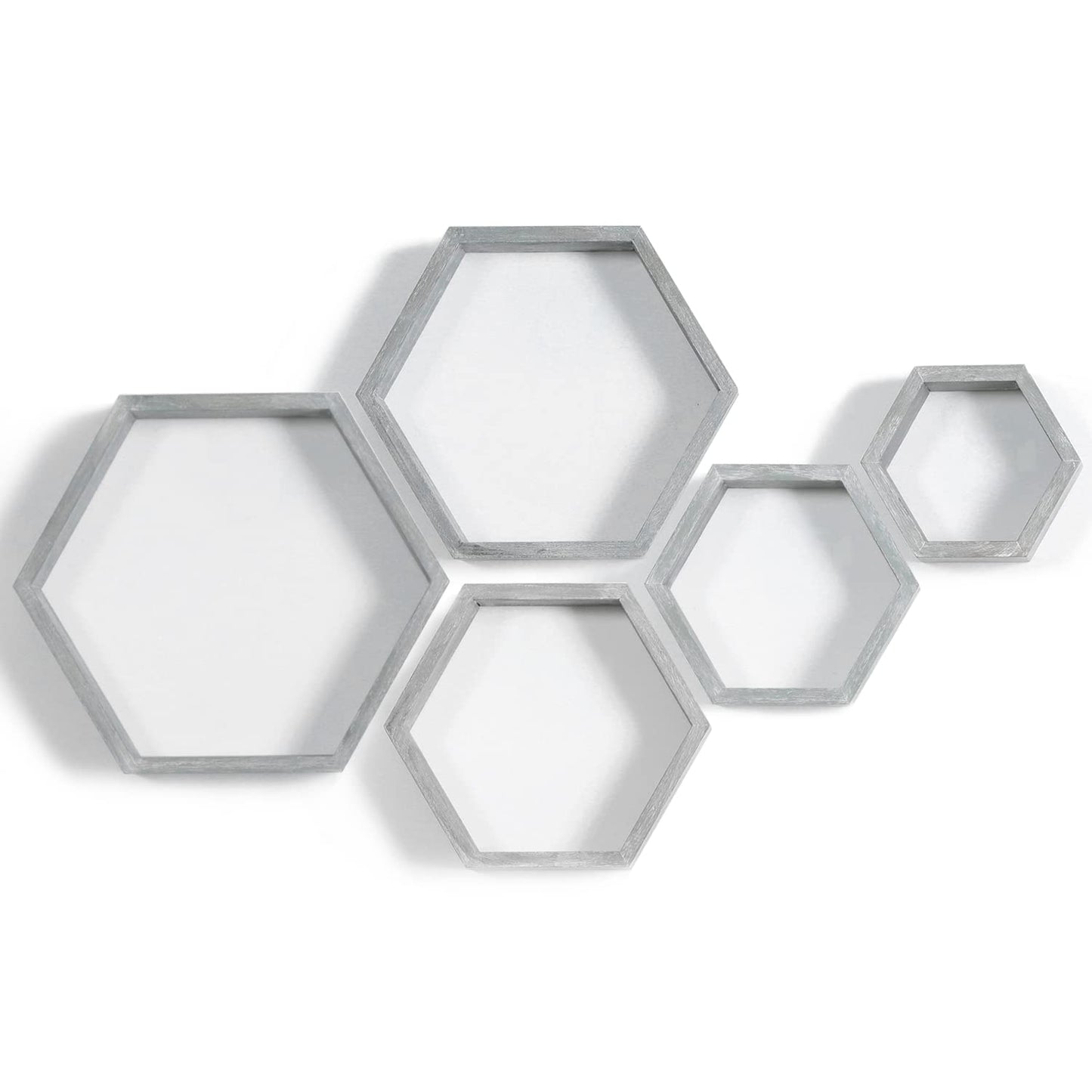 PHOENANCEE Hexagon Floating Shelves,Wall Mounted Wood Farmhouse Storage Honeycomb Wall Shelf Set of 5,for Bathroom, Kitchen, Bedroom, Living Room,Office,Driftwood Finish (Vintage Grey)