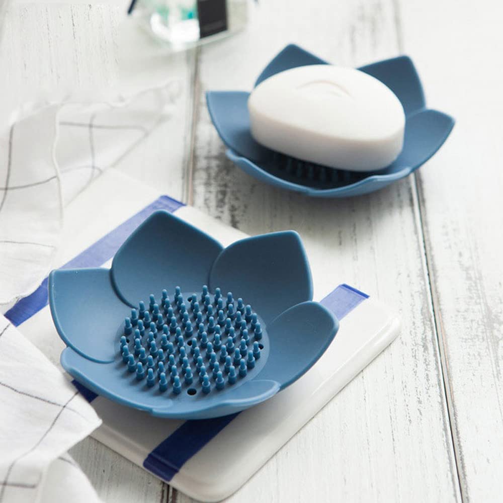 Soap Dishes with Draining, Bathroom Bar Soap Holder for Shower, Soap Tray for Kitchen Sink, Silicone Flower Shape Soap Saver for Counter, Bathtub. Extend Soap Life, Easy Dry (2 Pack, Pink + Blue)
