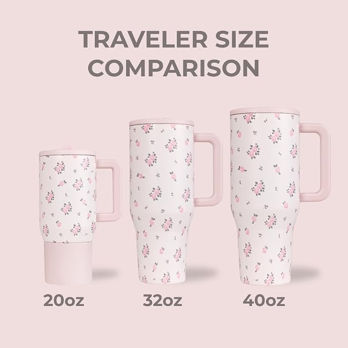 HydroJug Traveler - 40 oz Water Bottle with Handle & Flip Straw - Fits in Cup Holder, Leak Resistant Tumbler-Reusable Insulated Stainless Steel & Rubber Base - Gifts for Women & Men, Wildrose