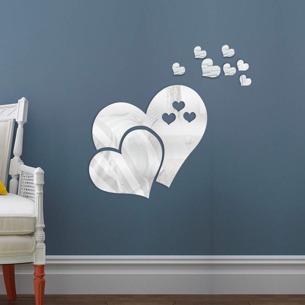 CCINEE 11 pcs Heart Shape Mirror Wall Sticker 3D Art Wall Decal Removable Mirror Wall Sticker for St. Valentine's Day Home Decoration