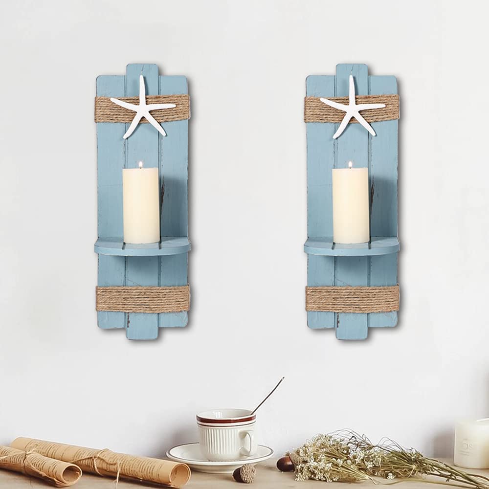 SOMTO Beach Starfish Wall Candle Sconces Decor,Ocean Themed Wall-Mount Candle Holders, Coastal Farmhouse Nautical Rustic Decorations for Bathroom, Living Room, Dining Room and Office, Set of 2