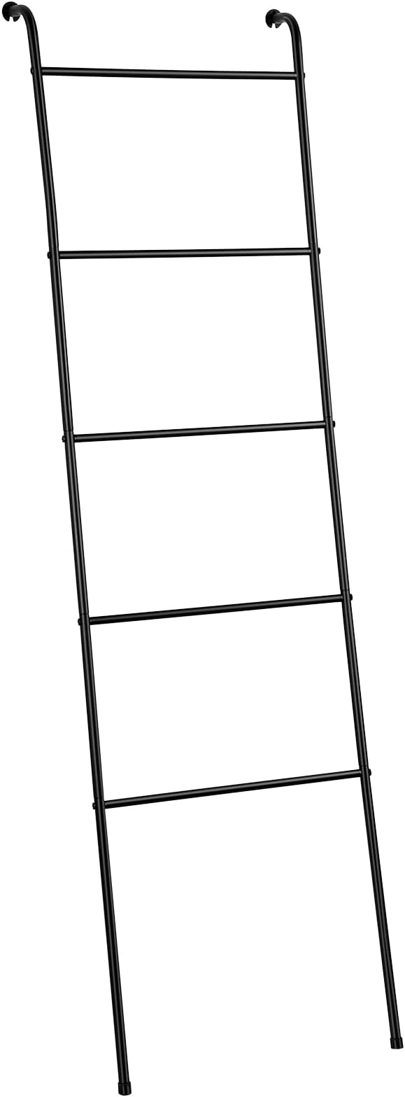 Towel Blanket Ladder Black Metal Blanket Ladder Holder Industrial 5 Tier Wall Leaning Ladder Rack for Bathroom Living Room Laundry Room (Matte Black)