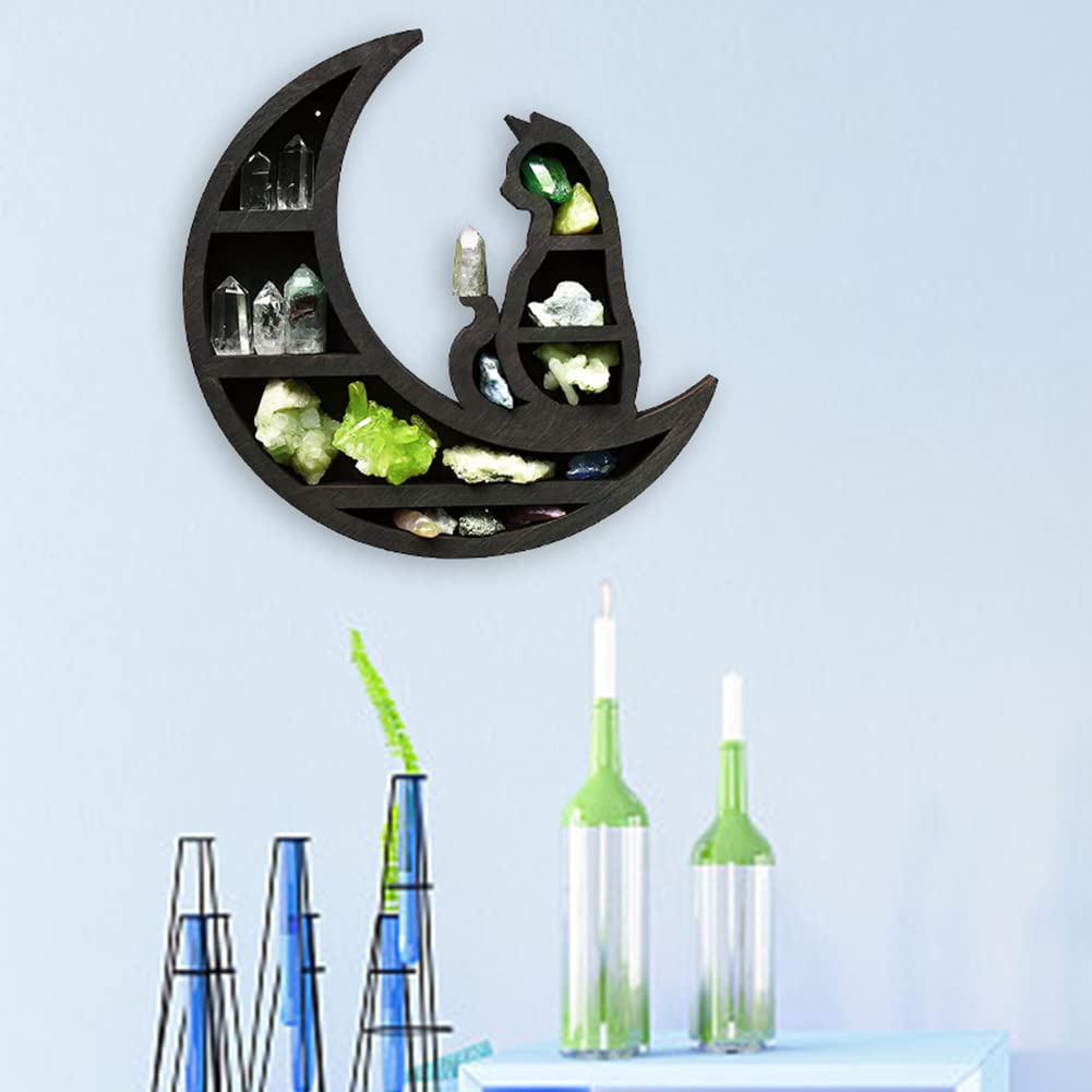 EMVANV Wooden Crystal Shelf, Moon Cat Home Improvement Wall Mounted Jewelry Rack Wooden Crystal Shelf Kitchen(Black,Size:30x30x3cm)