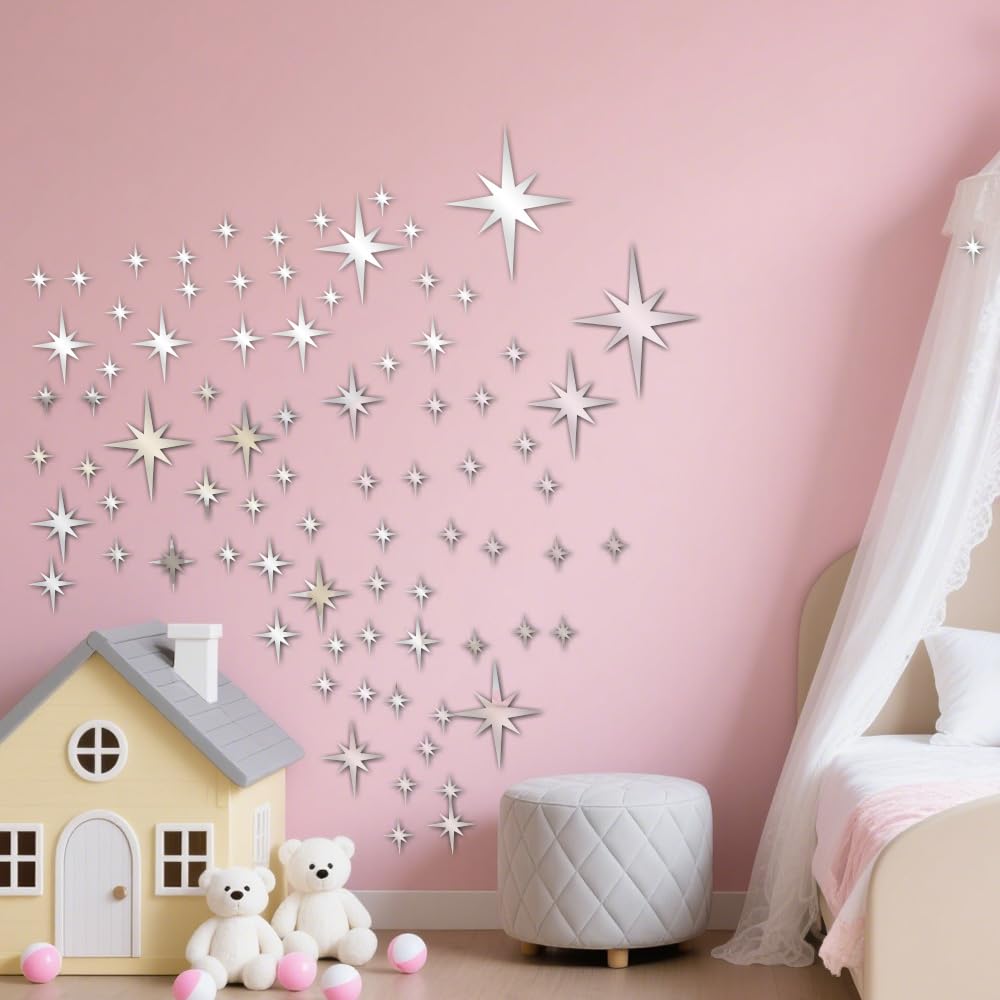 71 Pcs Silver Star Stickers, 3D Acrylic DIY Star Mirror Wall Stickers Decor, Removable Decals Art Self-Adhesive for Home Nursery Classroom Bedroom Interior Wallpaper Background Art Decor