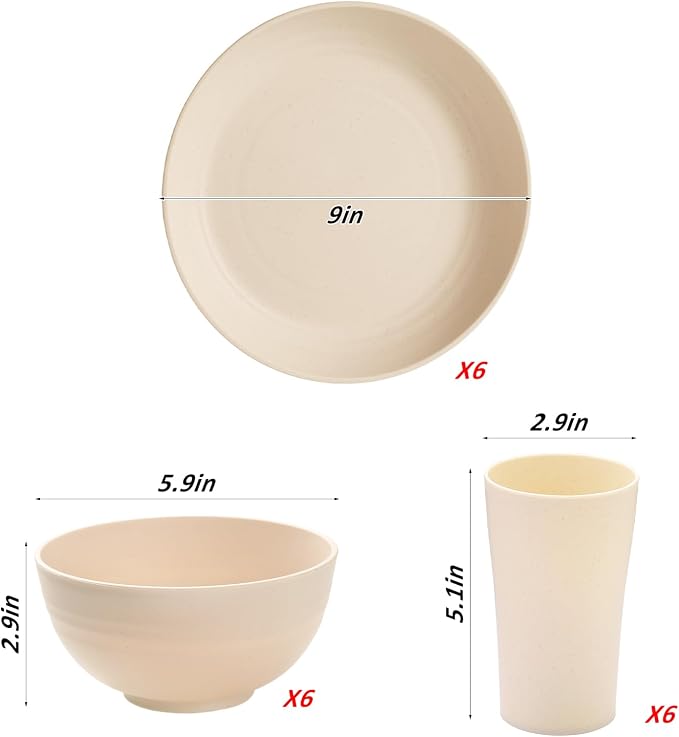 18pcs Wheat Straw Dinnerware Sets Service for 6 SANLUNS Unbreakable Reusable Dinnerware Set Kitchen Cups Round Plates and Bowls Sets Microwave Dinnerware Set for Kitchen Travel Camping