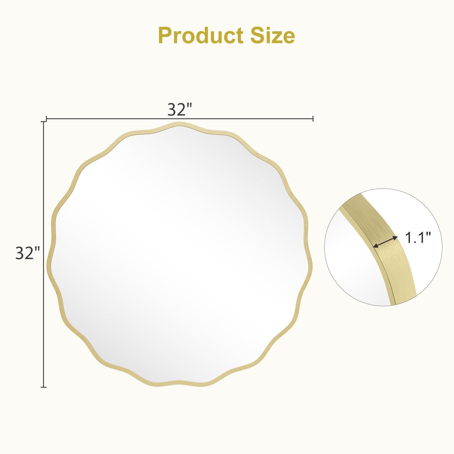WallBeyond Round Wavy Mirror for Wall Decorative 32 inch, Modern Round Mirror Aluminum Frame for Bathroom Bedroom Living Room Home House Office Entryway, Gold