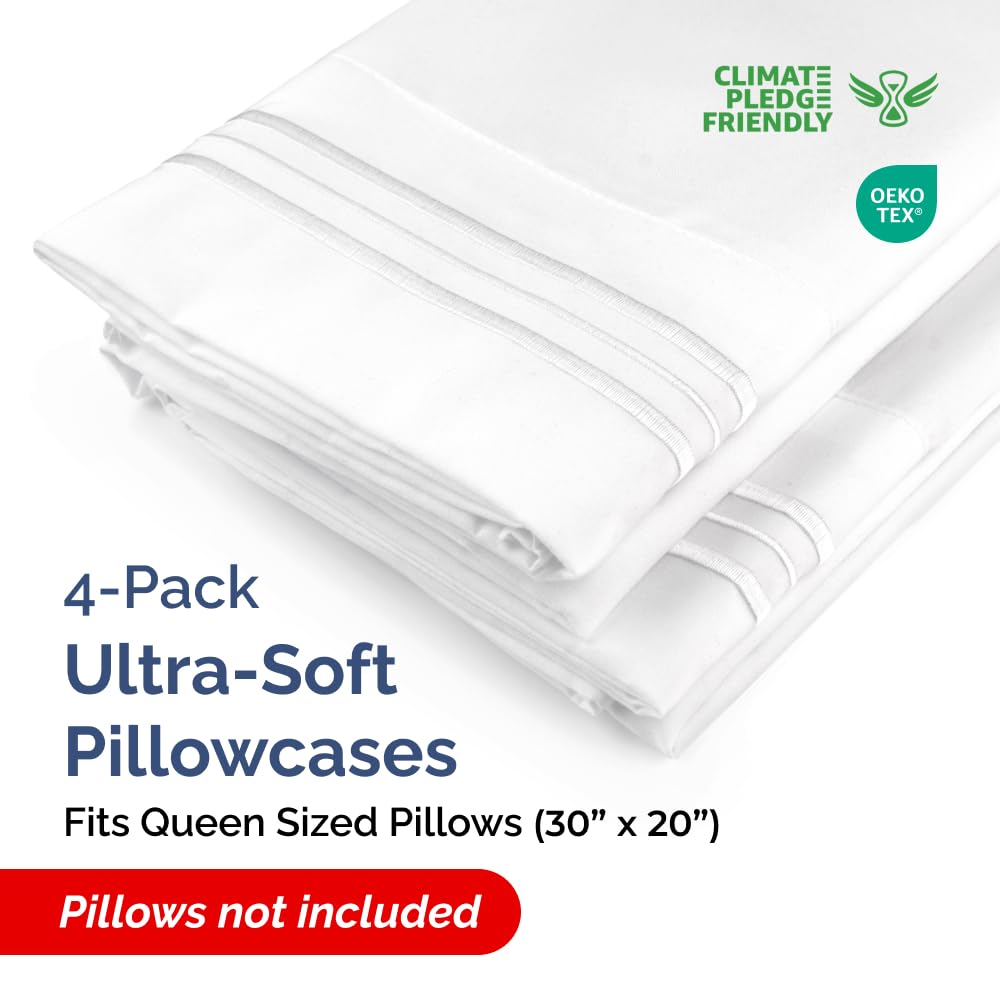 Queen Pillow Cases Set of 4 - Ultra Soft Hotel Quality Pillowcase Covers - Comfy, Cozy & Wrinkle Free - Shrinkage, Stain and Fade Resistant - Machine Washable Pillow Protectors - 4 Piece Set - White