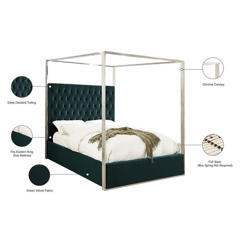 Meridian Furniture Porter Collection Modern | Contemporary Velvet Upholstered Bed with Deep Detailed Tufting and Chrome Canopy, Green, King