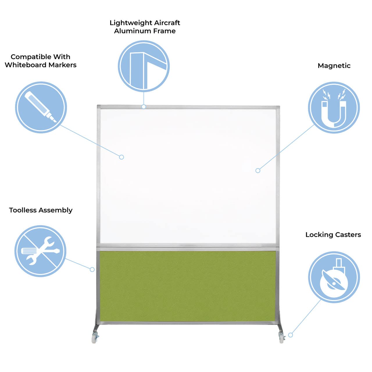 DivideWrite Mobile Whiteboard | Double Sided Dry Erase Board | Portable Office Cubicle Partition | Display for Classrooms, Conference Rooms, Meeting Areas and More | Ocean Fabric 4' Wide X 6' Tall