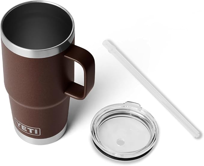 YETI Rambler 25 oz Tumbler with Handle and Straw Lid, Travel Mug Water Tumbler, Vacuum Insulated Cup with Handle, Stainless Steel, Wetlands Brown