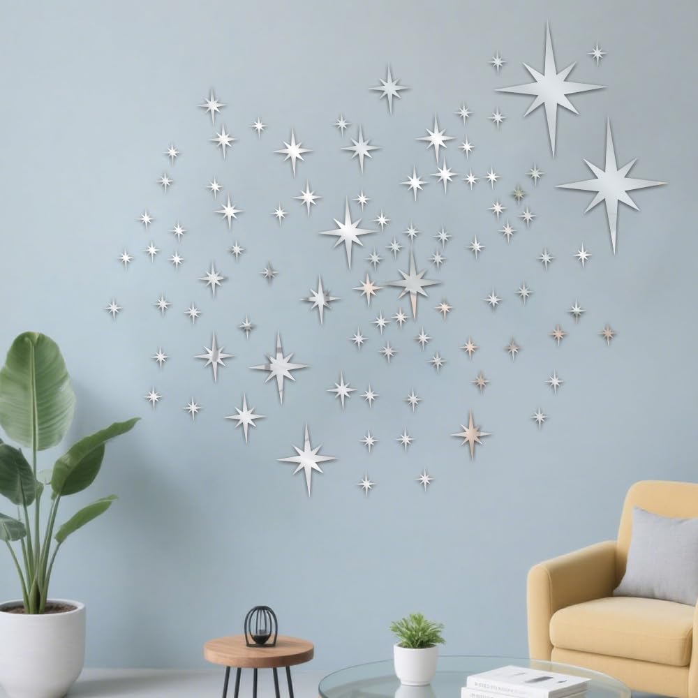 71 Pcs Silver Star Stickers, 3D Acrylic DIY Star Mirror Wall Stickers Decor, Removable Decals Art Self-Adhesive for Home Nursery Classroom Bedroom Interior Wallpaper Background Art Decor