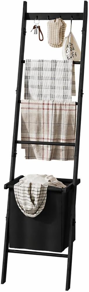 BAMBANG Bamboo Blanket Ladder with Basket, 5-Tier Quilt Rack Stand with 4 Hooks & Storage Hamper for Living Room Bathroom, Wall Leaning Decorative Ladder Shelf for Blankets Display (Black)