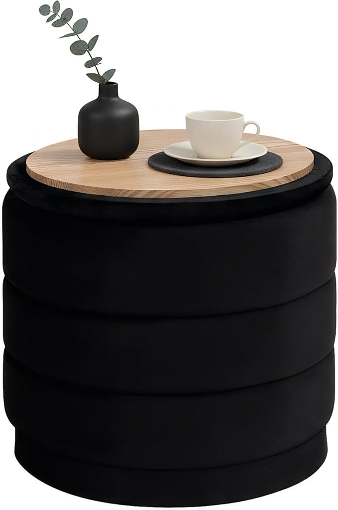 B FSOBEIIALEO Round Velvet Storage Ottoman with Tray, Folding Ottoman with Storage Coffee Table Foot Rest for Dorm Room, Living Room Black, 15.35"x15.35"x14.57"