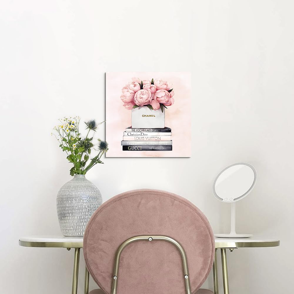 cozy country Chanel-Inspired Canvas Wall Art - 12x12 Inches Luxury Fashion Artwork Print, Featuring Perfume, Books & Flowers, Perfect for Bathroom & Women's Room Decor