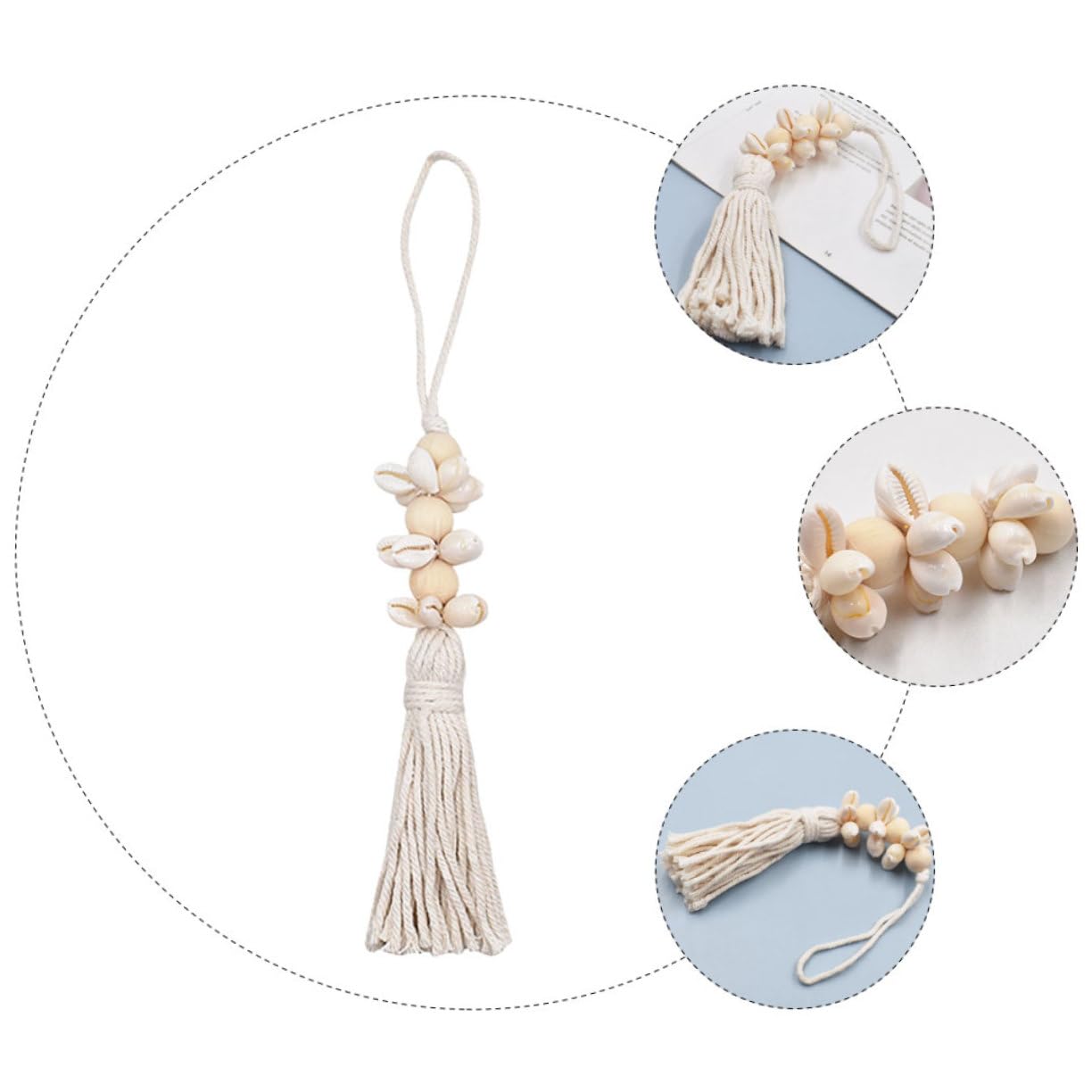 KONTONTY Boho Coastal Decor Wooden Beads String Pendant with Cotton Tassels and Seashells 9.84In Rustic Farmhouse Hanging for Wall Window Decoration