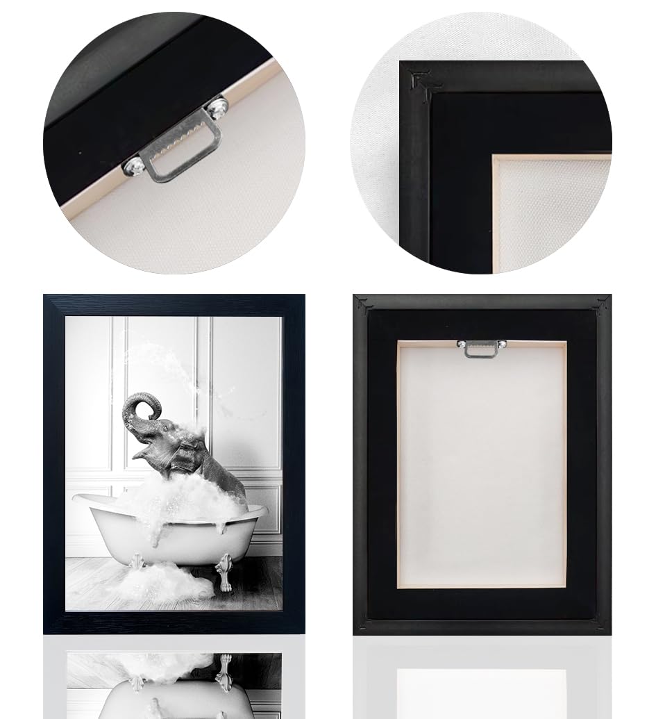 Framed Bathroom Decor Wall Art Elephant in Bathtub Pictures Wall Decor Funny Black and White Animal Canvas Print Artworks for Bathroom