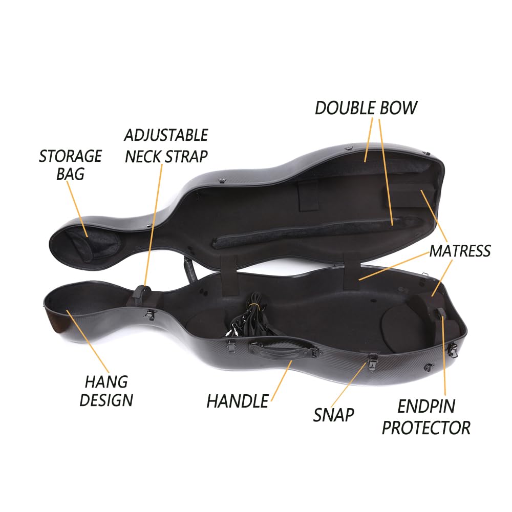 yinfente Carbon Fiber Cello Case 4/4 Full Size Hard Shell With Lock & Backpack Straps,Wheels 4.5 kg Lightweight Hard Case for Student Black