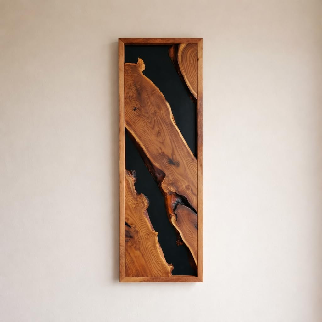 Modern Rustic Wall Art - Live Edge Olive Wood Single Panel Decor - Black Background Wood Art - 14"x30"