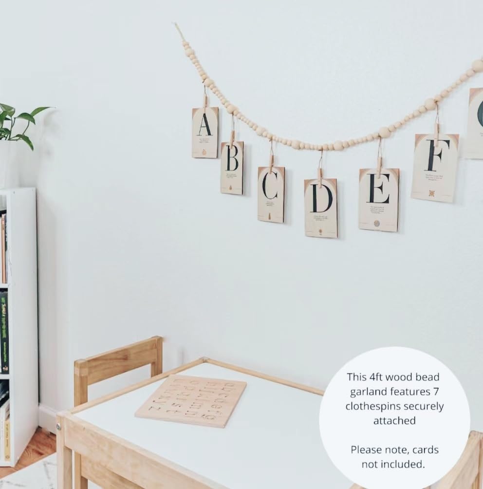2PCS Hanging Photo Display Wall Decor,Boho Wooden Bead Garland Picture Hanging String with Clips for Dorm, Bedroom, Living Room, Office Cubicle Decor, Art Display Hangers for Artwork