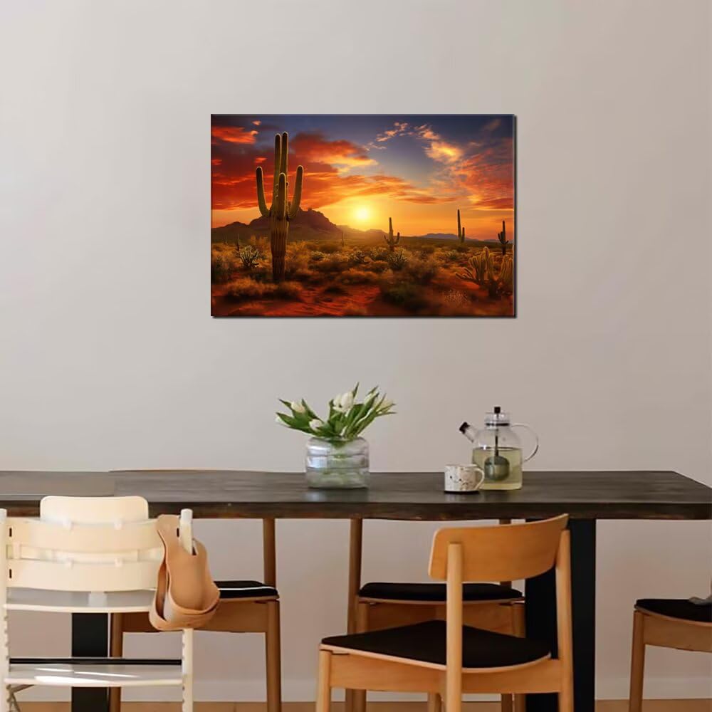 HJY Art Superstition Mountains Sunset Canvas Wall Art Arizona Western Desert Cactus Wall Decor Nature Landscape Pictures Wall Artworks Posters for Living Room Home Decorations (24''H x 36''W)