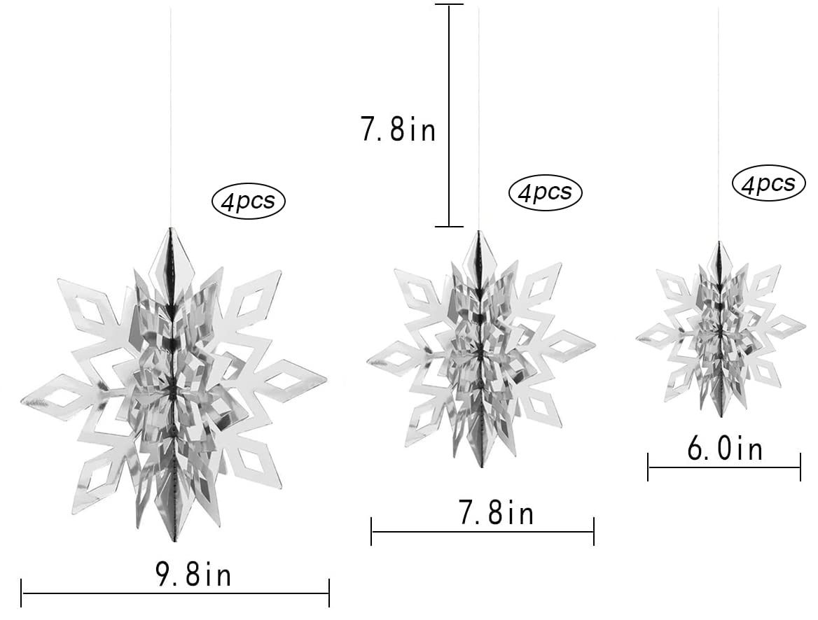 Winter Snowflake Hanging Decorations - 3D Large Silver Snowflakes Paper Hanging Garland for Christmas Winter Wonderland Holiday New Year Party Home Decoration 12PCS (Silver)