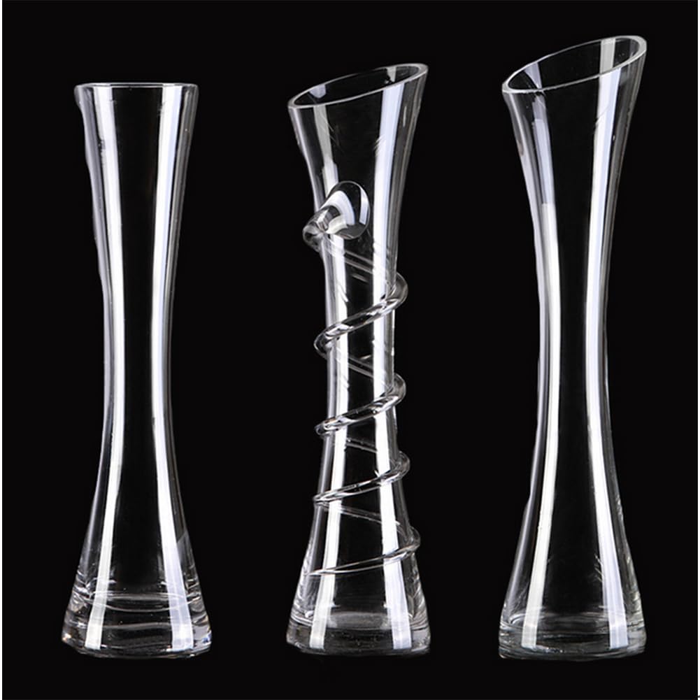 VANTOBEST Hand-Made Blown Art Bud Glass Vase, Clear Glass, Oblong Shape, Modern Style, Thread Pattern, Stemless, Perfect for Home Decorations