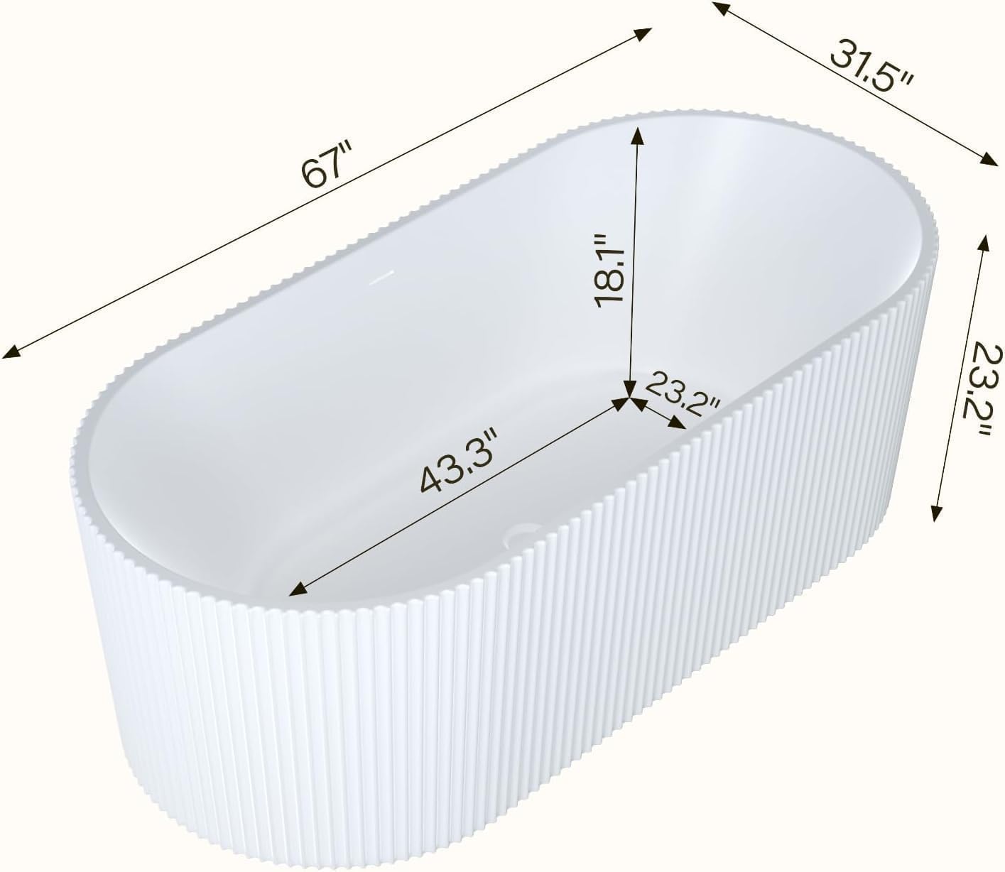 67" Acrylic Freestanding Soaking Bathtub, Matte Drain & Black Overflow, Contemporary Design Tub for Home Bathroom Renovations, Glossy White