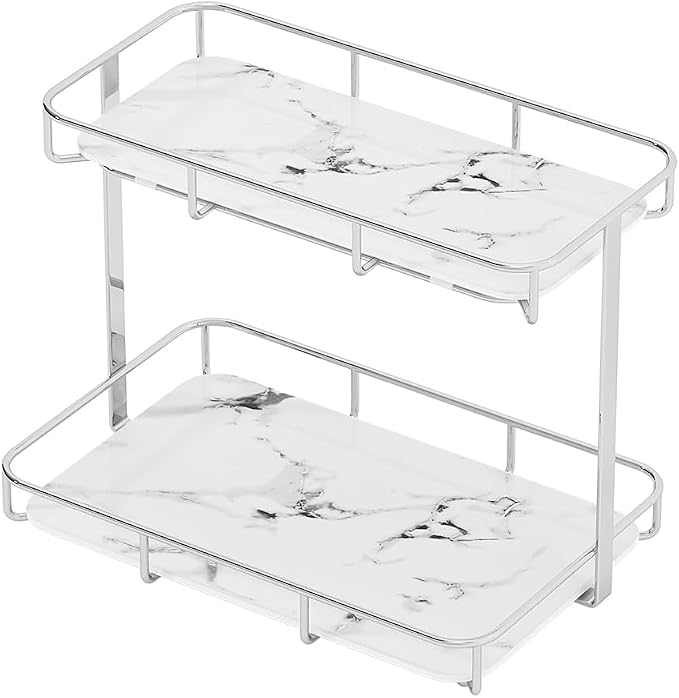 Bathroom Organizer Countertop Perfume Organizer Makeup Organizer Cosmetics Storage Display Rack Vanity Tray Dresser Stainless Steel Gold Shelf White Marble Ceramic Tray (2 Tier L-Sliver) | Perfume Organizer