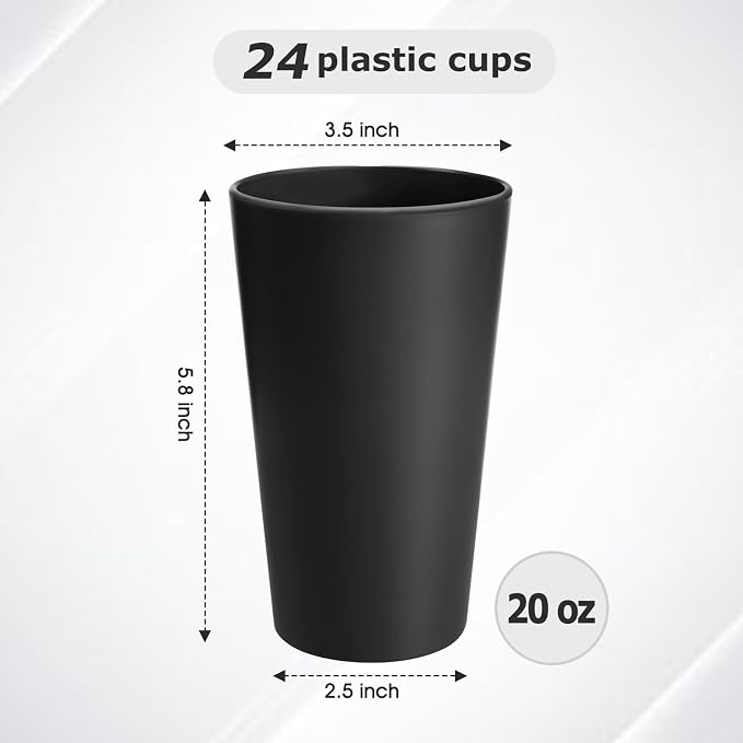 HEYCOME 24 Pcs Unbreakable Plastic Cups Set, 20 oz Reusable Plastic Cups, Stackable Water Tumblers, Drinking Cup for Kitchen, Outdoor, BPA-free, Dishwasher Refrigerator and Microwave Safe, Black