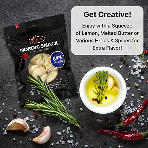 Nordic Catch Freeze Dried Cod Bites Seafood Snacks - Chips made from Wild Caught Icelandic Cod Fish - Healthy Snack, Rich in Omega 3 Fatty Acids, Protein Packed Fish Jerky, Keto Friendly Dry Fish - 35g Resealable Bag of Freeze Dried Food- 5 Pack