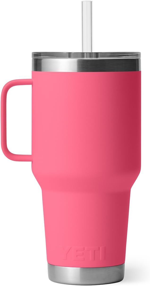 YETI Rambler 35 oz Tumbler with Handle and Straw Lid, Travel Mug Water Tumbler, Vacuum Insulated Cup with Handle, Stainless Steel, Tropical Pink