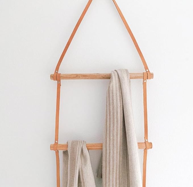 Decorative Wooden Wall Hanging Ladder with Leather Straps – Rustic Towel and Blanket Rack for Bathroom, Living Room, or Entryway Display