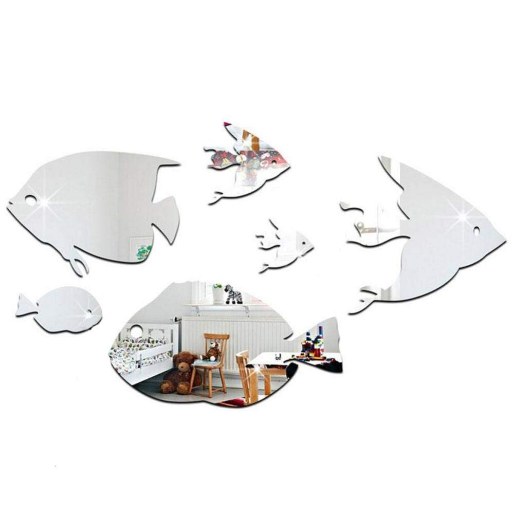 Fdit Creative Acrylic Thin Mirror Stickers Tropical Fish Under The Sea 3D Wall Decals Home Décor for Kids Bedroom Living(Silver D)