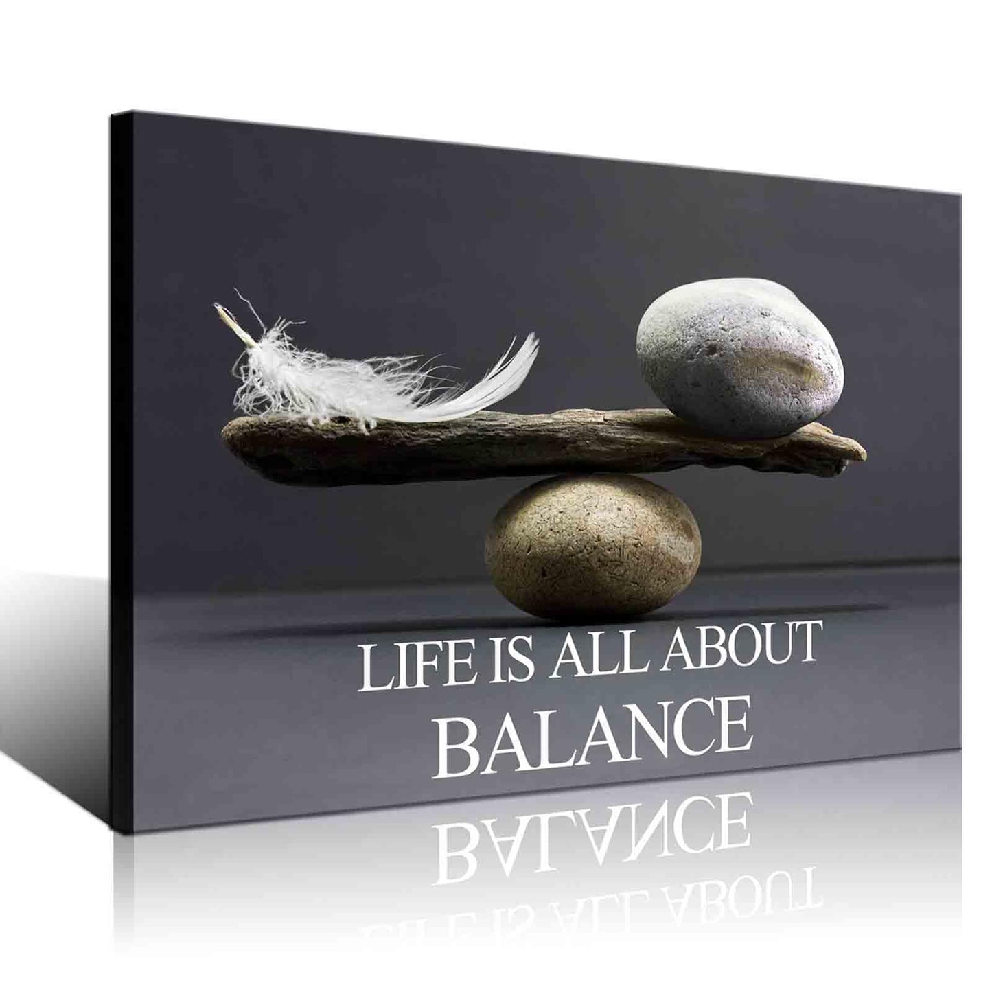 Biuteawal Motivational Wall Art Zen Canvas Print Black White Balance Stones with Feather Picture Painting Inspirational Quote Artwork Framed Home Office Classroom Bedroom Decor Ready to Hang