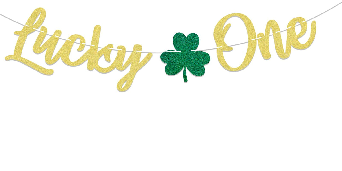 Lucky One Banner - Lucky Charm One Birthday Party Decor, St.Patrick's Day 1st Birthday Baby Shower Party Decoration Gold Glitter