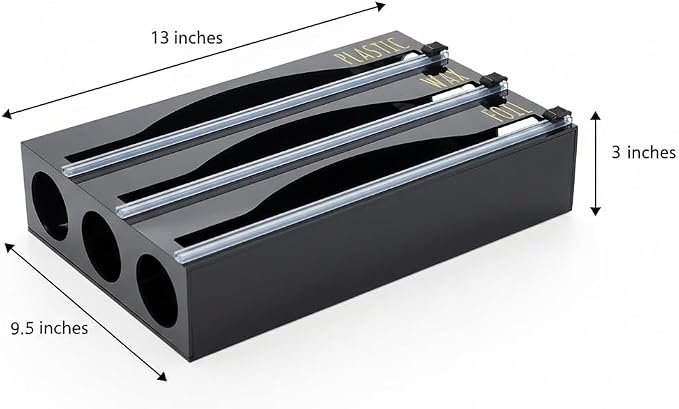 OnDisplay Luxe Acrylic 3-in-1 Plastic Wrap/Wax Paper/Aluminum Foil Dispenser for Drawer or Wall Mountable - Cling Wrap/Parchment Paper/Tin Foil Holder for Kitchen (Black 3-in-1)