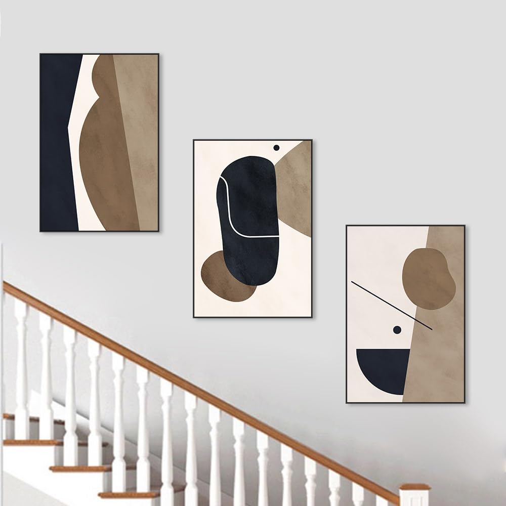 Abstract Framed Canvas Prints,Geometric Wall Art,Black White Brown Decorative,Large 24" X 32"X 3 Panel Modern Wall Decor for Living Room Bedroom Bathroom Hotel Kitchen Bar Office Entryways Wall Décor