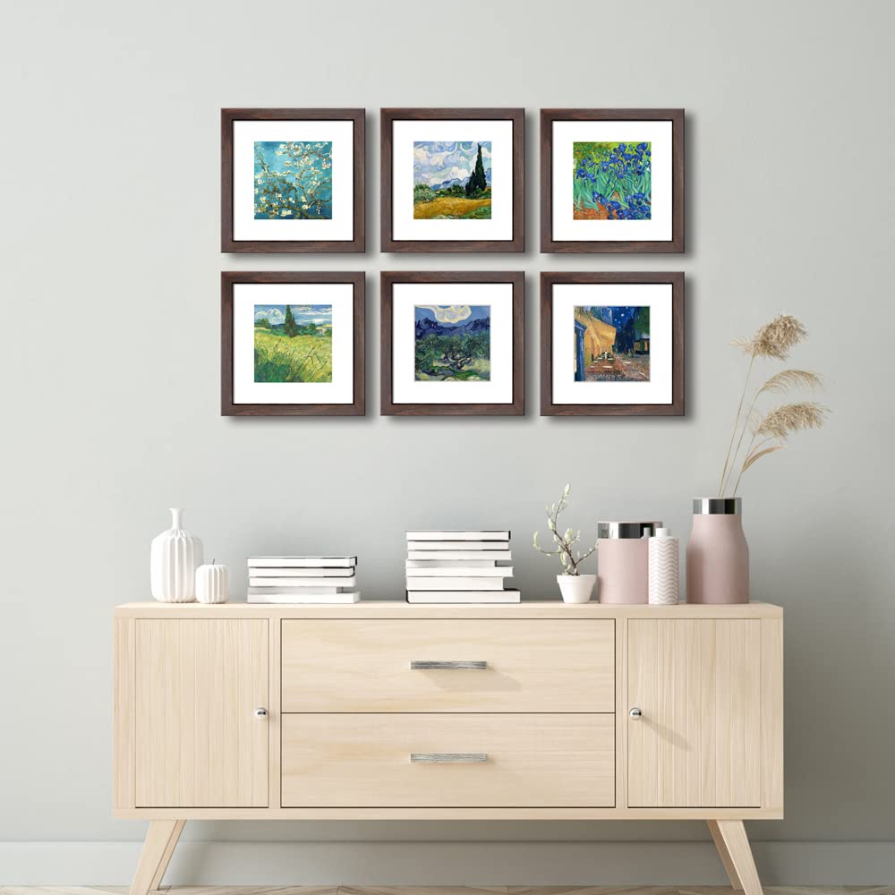 DEKWINN 8x8 Walnut Picture Frame Set of 6 with Real Glass for Pictures 5x5 with Mat or 8x8 Without Mat, Wall or Tabletop Gallery Photo Frames