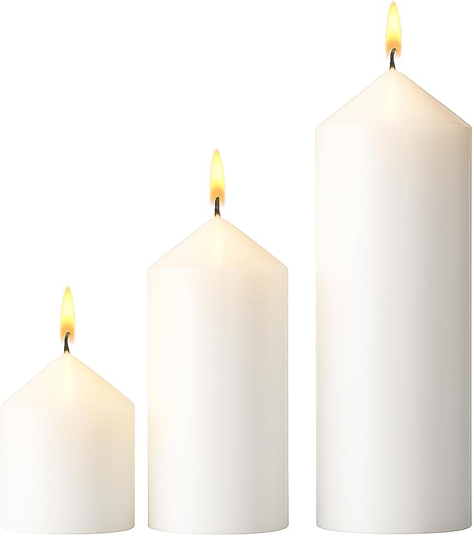 White Pillar Candles Bulk Set of 3,3 Different Lengths 3 x 3/6/8 Inch,Hurricane Candles,Dripless Unscented Smokeless,Gives You a Better Atmosphere When Organizing an Event Party.