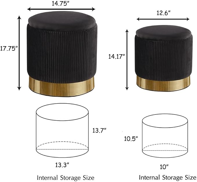 Round Ottoman with Storage Set of 2 Upholstered Velvet Vanity Stool for Living Room Storage Ottomans Multifunctional Foot Rest (Black with Bottom Gold)