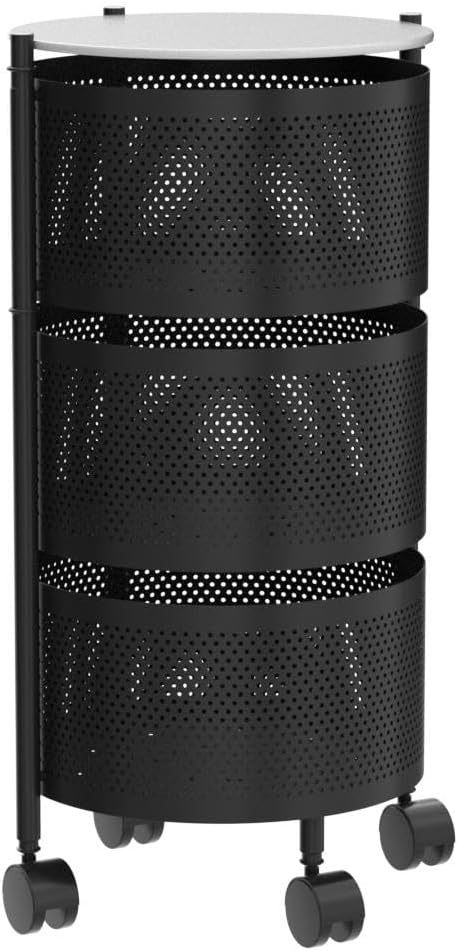 JAQ No Assembly Integrated Rotating Storage Cart, 3-Tier Rolling Storage Cart with Wheels, Solid Carbon Steel Onion Potato Storage, Kitchen Storage Cart, Vegetable Storage Cart, White