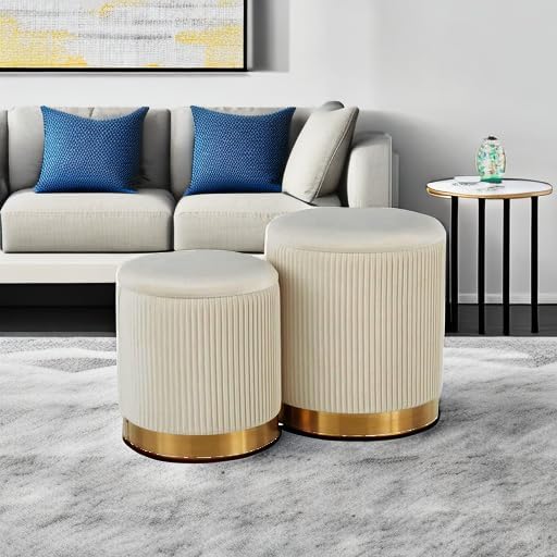 YYW HOME Round Ottoman with Storage Set of 2 Vanity Stool Foot Rest with Removable Lid White Velvet Storage Ottoman Stool for Living Room and Dorm