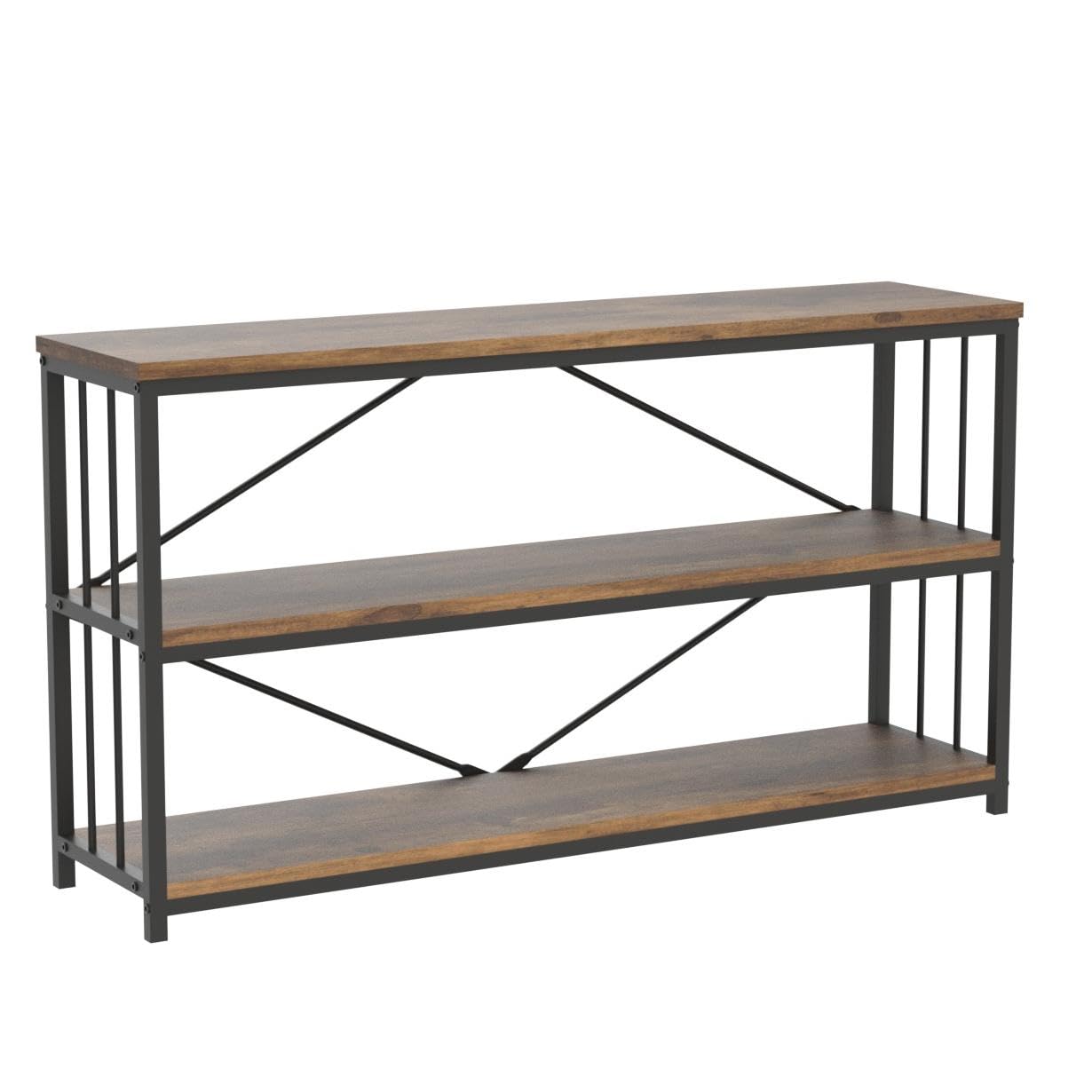 LVB Industrial Console Entryway Table, Metal Wood Rustic Sofa Table with Storage, Farmhouse 3 Tier Shelf Long Hallway Foyer Entry Tables Behind Couch for Home Living Room Entryway, Rustic Brown, 55 In