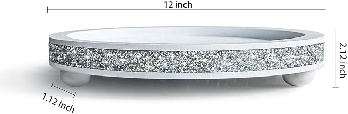 12 inch Round Wood Tray, Acrylic Diamond Decoration, Decorative Tray for Living Room, Coffee Table or Kitchen Table Service Tray, White