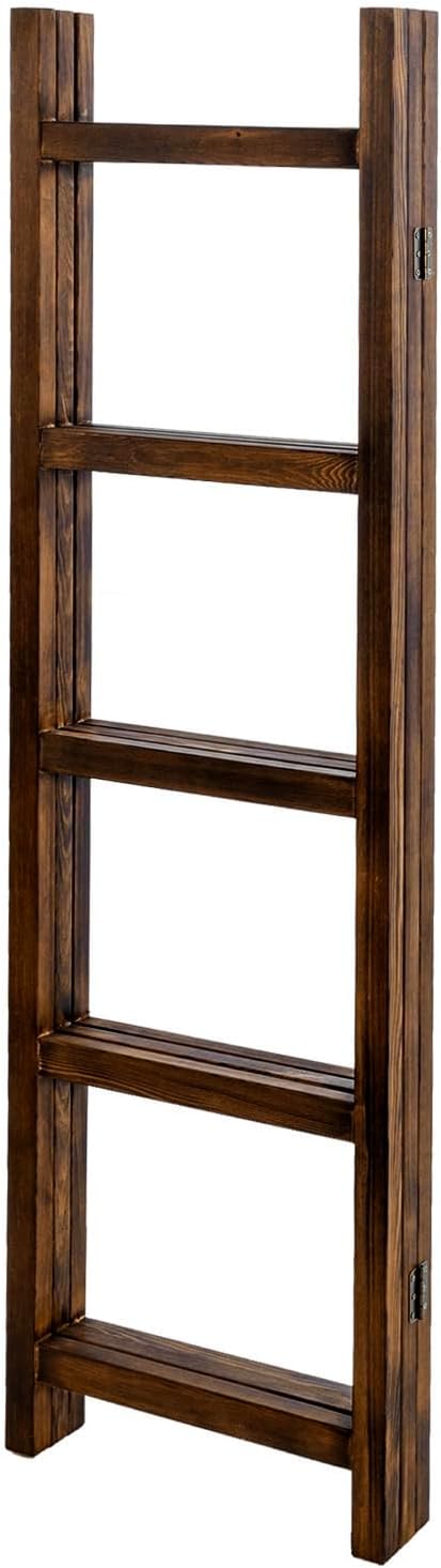 Blanket Ladder,Burnt Wood Blanket Ladder 59" H Freestanding and Folding, 6 Tier and 3 Panel Towel Rack for Bathroom, Decorative Display Ladder Shelf Quit Rack for Living Room, Brown.