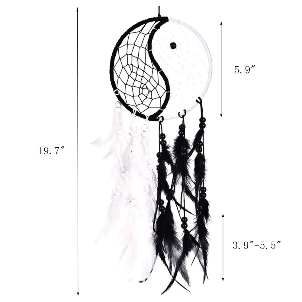Yahpetes Dream Catcher 19.7" Feather Chandelier Ornaments Handmade Indian Wall Decoration Interior Rearview Pendant Charm Car Hanging with Feathers Beads (Black and White)