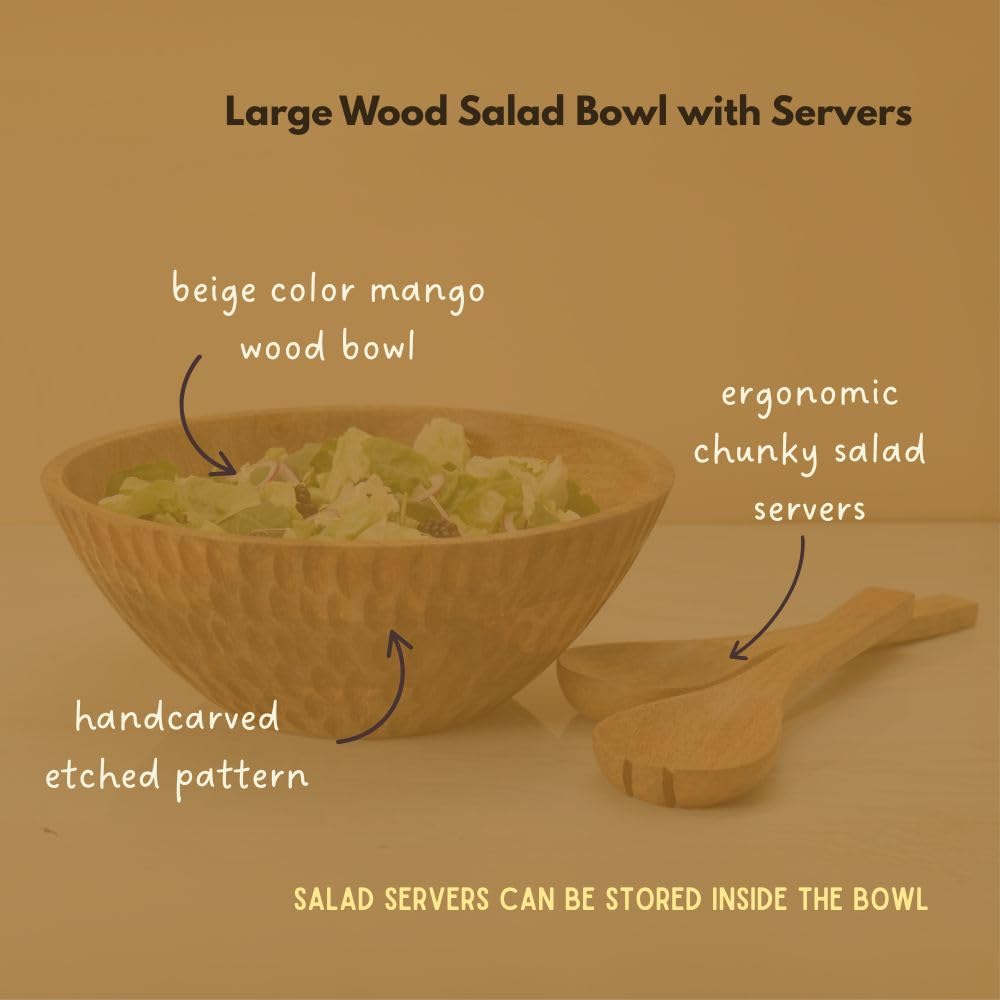 Salad Bowl with Servers, Wooden Bowl, 12.5" Wide
